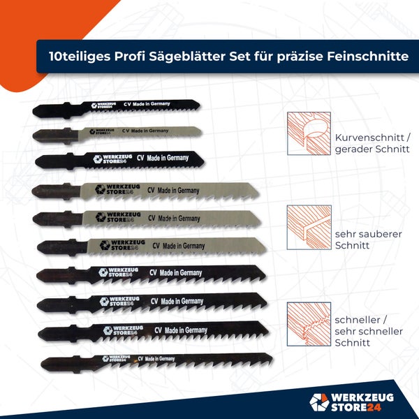 10-teiliges Profi-Sägeblätter Set für präzise Feinschnitte mit Werkzeugstore24 Logo