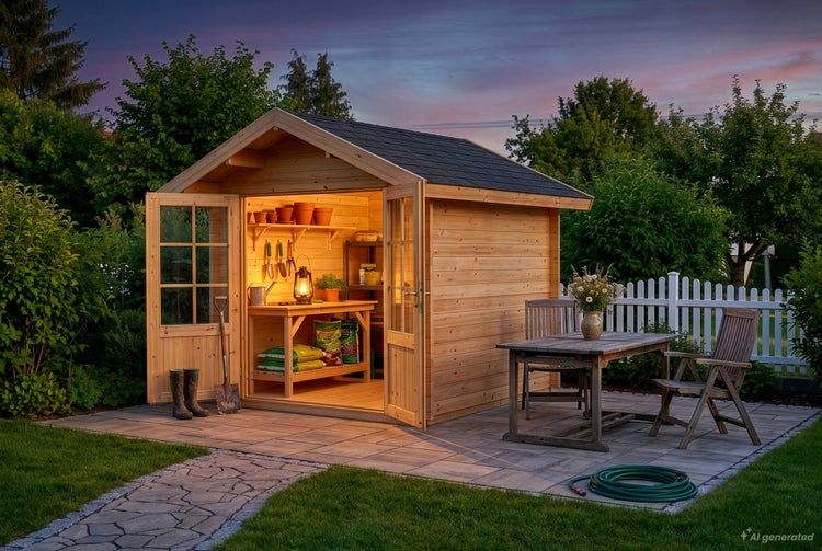 Gartenhaus aus Holz mit offener Doppeltür, innen beleuchtet mit Werkbank, Regalen und Gartengeräten, davor Gartentisch und Stühle auf Terrasse.