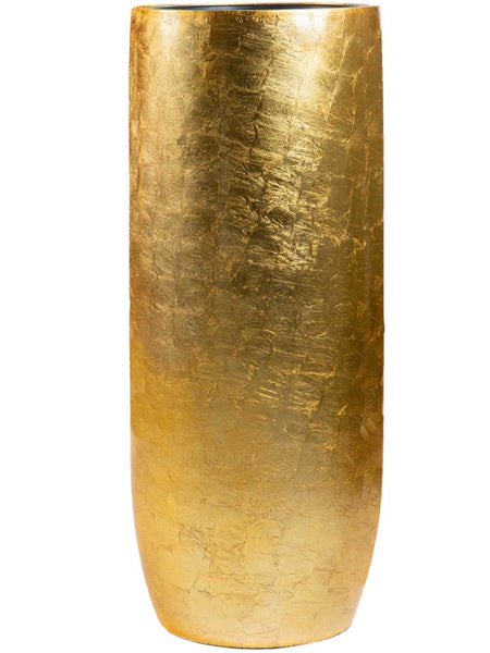 Hohe zylindrische Bodenvase mit strukturierter goldfarbener Oberfläche in Blattgold-Optik.