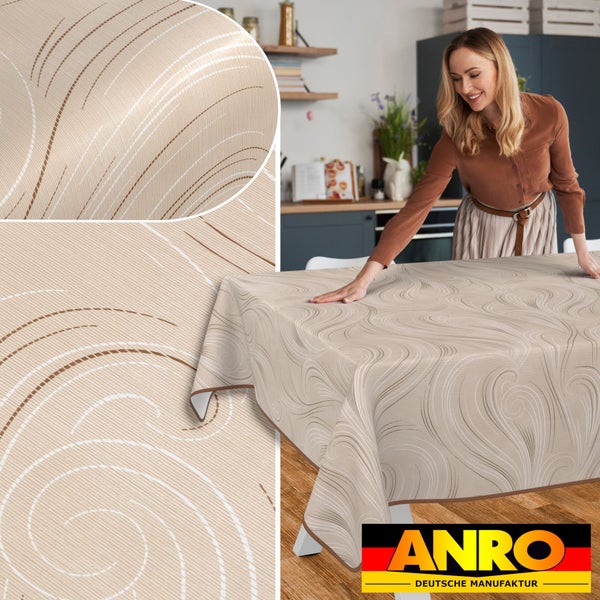 Tischdecke mit Muster im Küchenambiente, ANRO Logo.