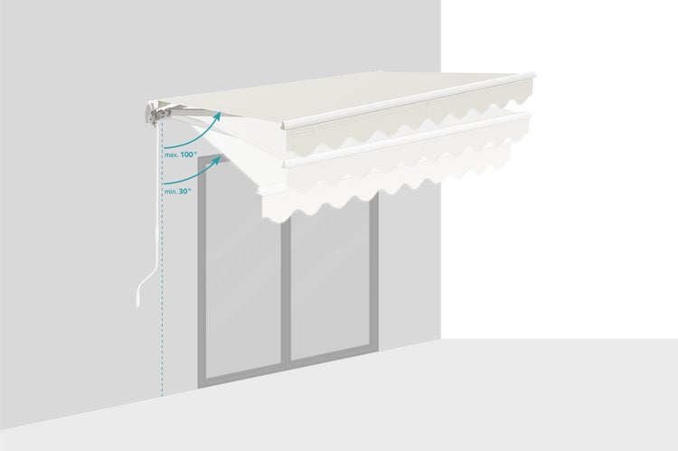 Markise mit einem maximalen Neigungswinkel von 100 Grad und einem minimalen Neigungswinkel von 30 Grad
