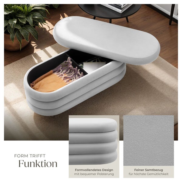 Ovaler Hocker mit Stauraum, Innenraum, Textilien und Pflanzen im Hintergrund