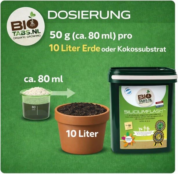 BioTabs Logo, Dosierung von Silicium Flash: 50 Gramm beziehungsweise circa 80 Milliliter für 10 Liter Erde oder Kokossubstrat.