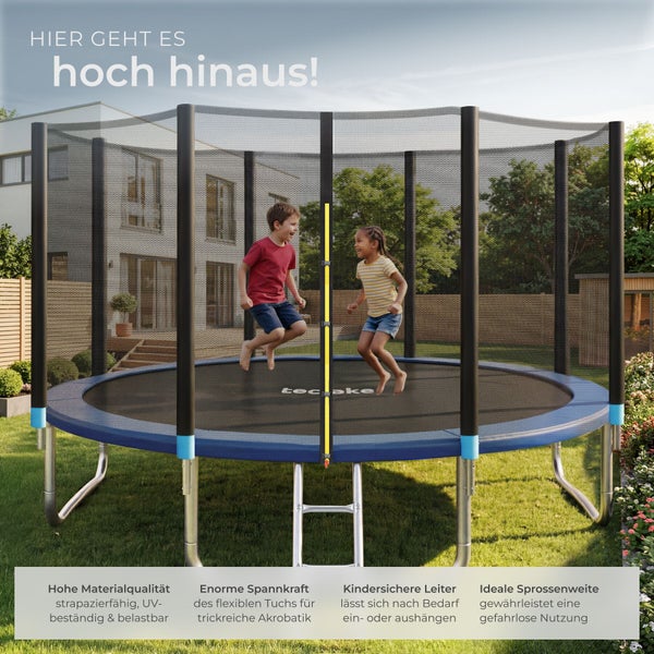 Gartentrampolin von tectake mit Sicherheitsnetz und Leiter im Garten, auf dem zwei Kinder springen.
