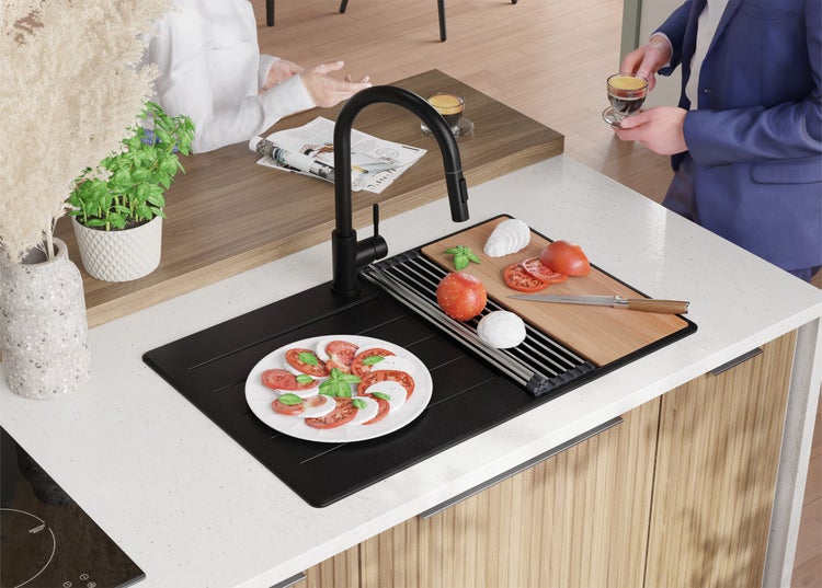 PRIMAGRAN Granitspüle Schwarz 78x50cm, Spülbecken 1 Becken + Küchenarmatur 40x20cm + Ablauf-Set + Schneidebrett, Küchenspüle ab 45er Unterschrank - Kopenhagen