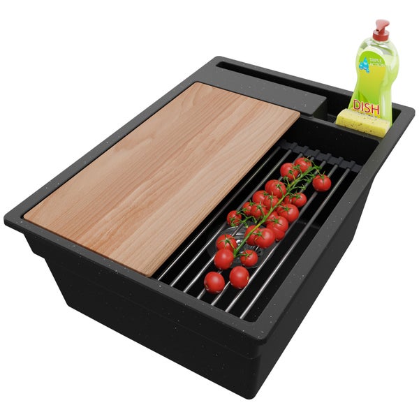 PRIMAGRAN Spülbecken Schwarz Metallic 38x53cm, Granitspüle 1 Becken + Ablauf-Set + Küchenzubehörset, Küchenspüle ab 40er Unterschrank - Oslo Pocket