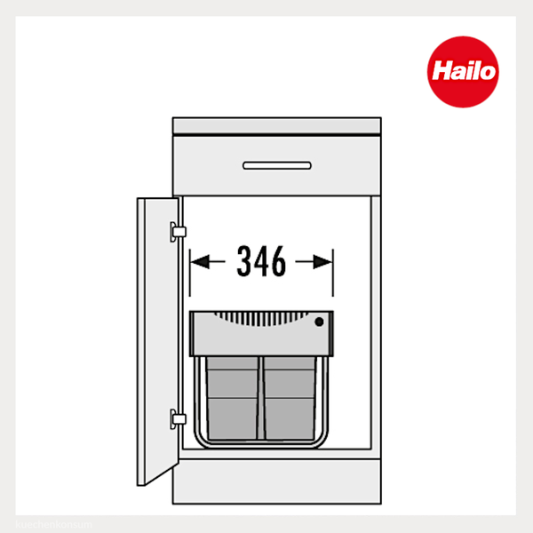 Hailo Logo. Technische Zeichnung eines Küchenunterschranks mit Abfallsystem und einer Einbaubreite von 346 Millimetern.