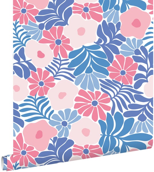 ESTAhome Tapete Blumen im Matisse-Stil Blau und Rosa - 50 x 900 cm - 131006