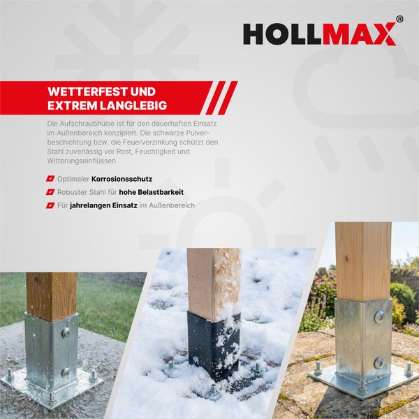 Hollmax Logo. Infografik für wetterfeste Aufschraubhülsen aus Stahl im Außenbereich bei Regen, Schnee und Sonne.