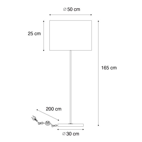 Technische Zeichnung einer Stehlampe mit den Maßen Höhe 165 cm, Lampenschirmdurchmesser 50 cm, Lampenschirmhöhe 25 cm, Fußdurchmesser 30 cm und Kabellänge 200 cm