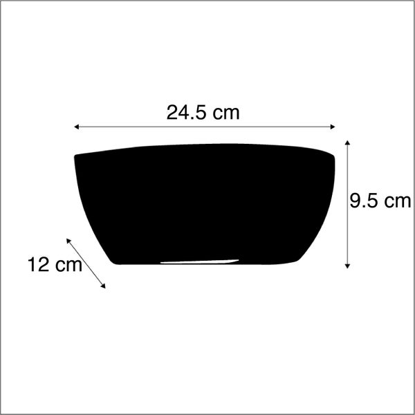 Skizze einer Pflanzschale mit den Maßen 24,5 cm Breite, 9,5 cm Höhe und 12 cm Tiefe