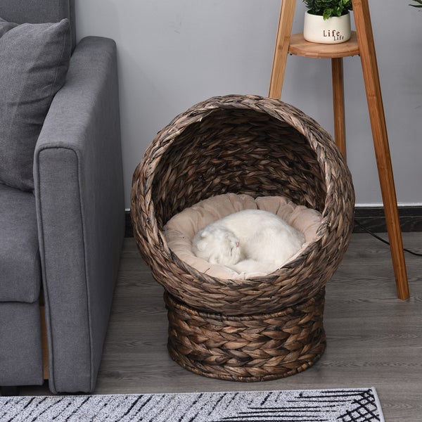 PawHut Rattan Katzenkorb, 50 x 42 x 60 cm, Wasserhyazinthe, Braun