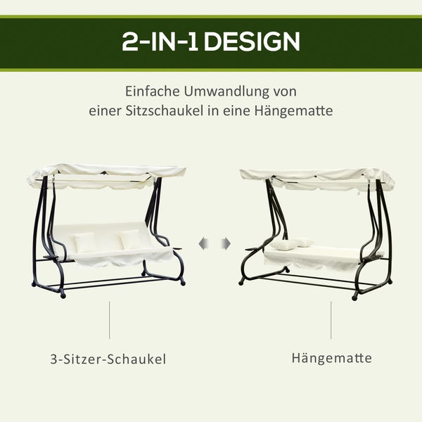 Outsunny Schaukelstuhl, 3-Sitzer, Dachwinkel, verstellbar, 200 x 120 x 164 cm, Stahl, Polyestergewebe Creme