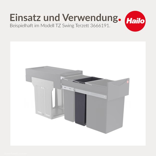 Hailo Mülltrennsystem TZ Swing Terzett in ausgezogener Position mit drei Abfalleimern und Hailo Logo.