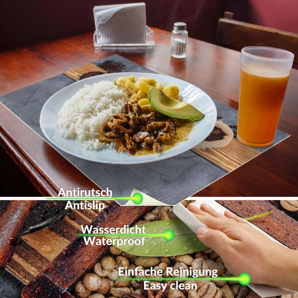 Tischset mit Kaffeebohnen-Motiv auf einem Holztisch, rutschfest, wasserdicht und leicht zu reinigen, dargestellt mit einem Teller Essen und Saft.