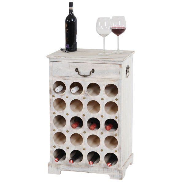 Weinregal aus Holz mit Flaschen, Gläsern und Schublade