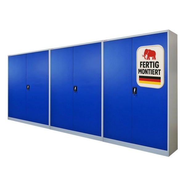 Drei abschließbare Werkstatt-Stahlschränke in Blau und Grau, komplett vormontiert, Apfel Logo.