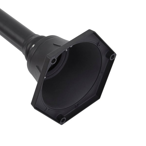 Schwarzer sechseckiger Sockel für eine Außenleuchte, Ansicht von unten mit Montagelöchern.