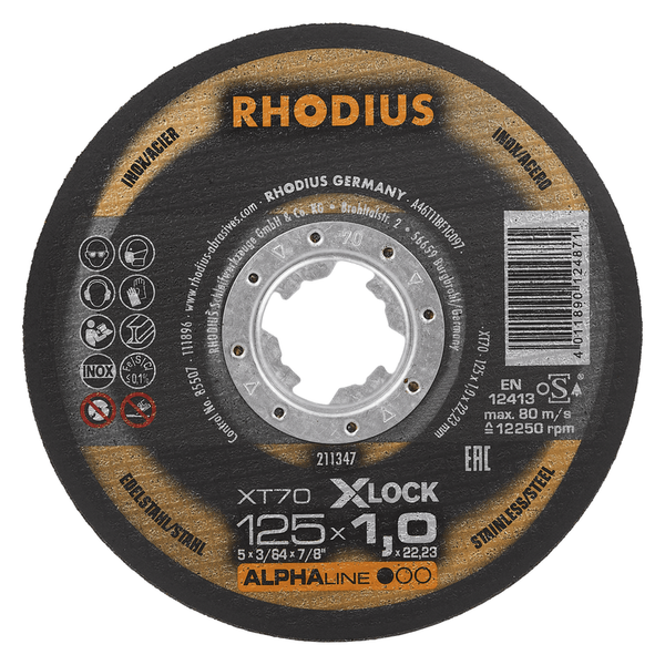 RHODIUS Trennscheibe XT70 X-LOCK, 25 Stück, 115 x 1,0 x 22,23 mm für Edelstahl, Stahl, Metall, ALPHAline