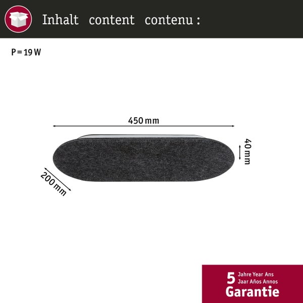 Ovales Paneel mit Filzoberfläche, 19 Watt Leistung, Maße 450 mal 200 mal 40 Millimeter und 5 Jahre Garantie.