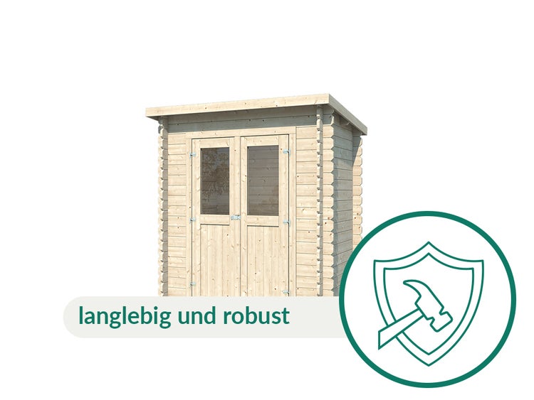 Gartenhaus aus Holz mit Doppeltür und Fenstern, langlebig und robust.