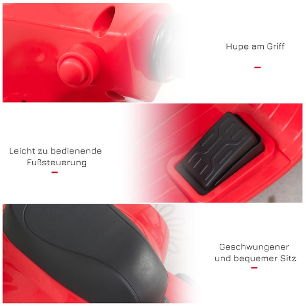 HOMCOM VESPA Elektromotorrad, 18-36 Monate, 3 km/h, LED-Licht Sound, 66,5 x 38 x 52 cm, Kunststoff, Metall, Rot