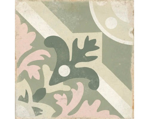 Quadratische Fliese mit floralem Vintage-Muster in Grün, Rosa und Beige mit matter Oberfläche.