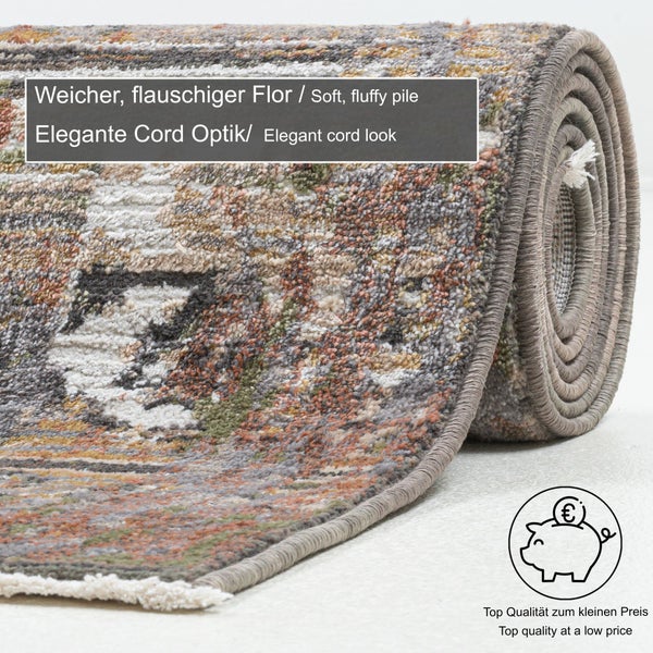 Ein aufgerollter Teppich mit flauschigem Flor und Cord Optik sowie ein Symbol fuer guenstigen Preis bei hoher Qualitaet.