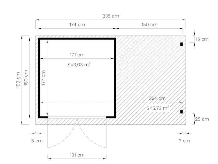 Technischer Grundriss eines Gartenhauses mit Maßangaben in Zentimeter, einer Innenfläche von drei Komma null drei Quadratmeter und Außenmaßen.