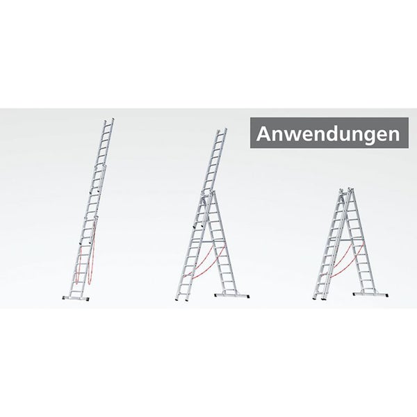 Mehrzweckleiter aus Aluminium in drei verschiedenen Anwendungspositionen dargestellt.