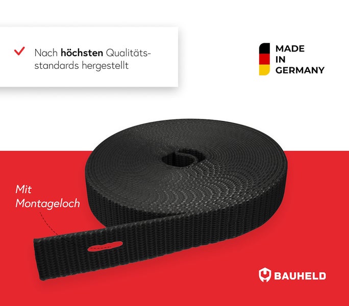 Schwarzes Textilband mit Befestigungsloch auf Rolle, hergestellt nach höchsten Qualitätsstandards, Made in Germany, Bauheld Logo