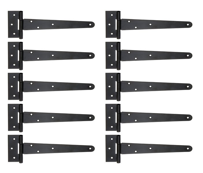 Set aus zehn schwarzen Ladenbändern für Tore und Türen aus Metall.