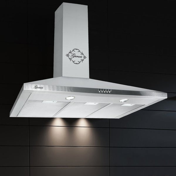 Wandhaube aus Edelstahl mit Gurari Logo, drei Metallfettfiltern und integrierter LED-Beleuchtung.