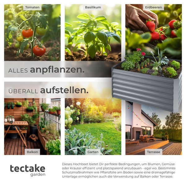 Collage mit Bildern von Tomaten, Basilikum, Erdbeeren, einem Balkon, einem Garten, einer Terrasse und dem tectake Garden Logo