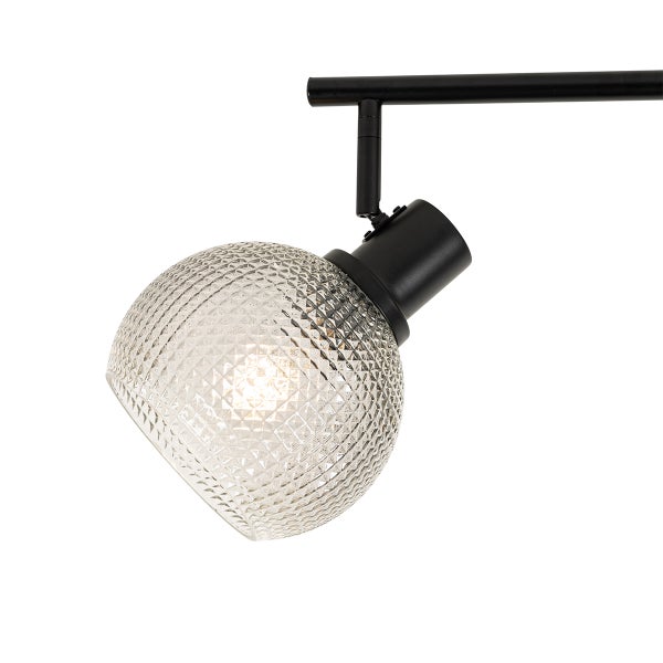 Deckenleuchte mit transparentem Glasschirm und schwarzer Halterung.