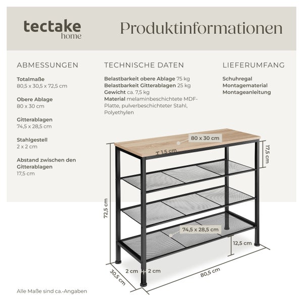 Produktinformationen Schuhregal mit Maßen und Materialangaben