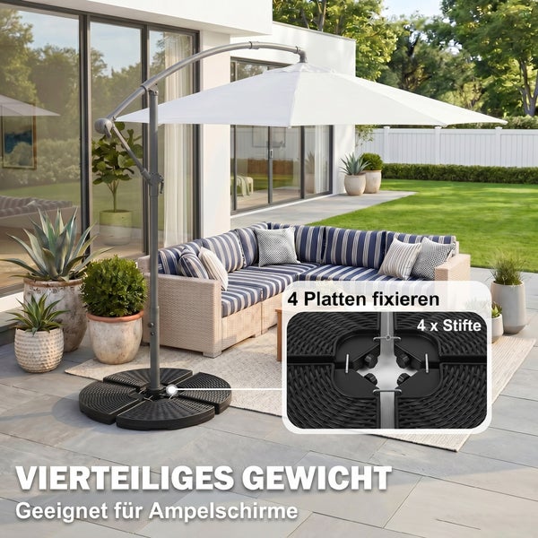 Vierteiliges Gewicht für Ampelschirme auf einer hellen Terrasse, Detailansicht der Fixierung von vier Platten mit vier Stiften.