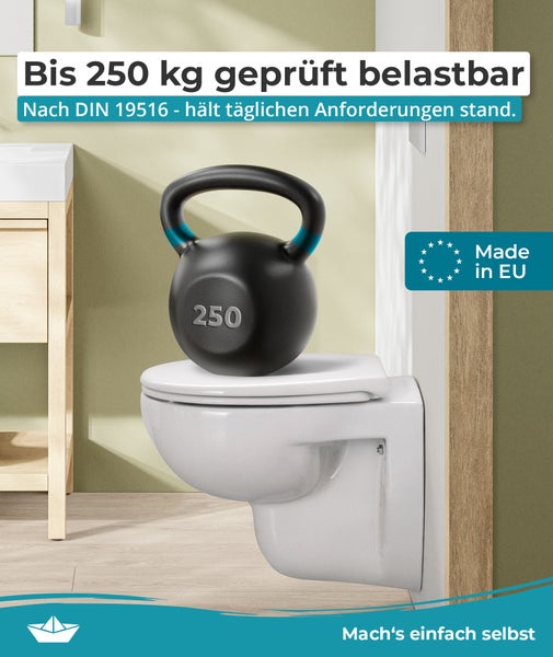 Calmwaters® WC Sitz Original einfache Montage, Premium Toilettendeckel bis 250 kg, Made in EU, aus antibakteriellem Duroplast, doppelte Absenkautomatik, 2 Montage Optionen, abnehmbar, Klobrille, oval, Weiß