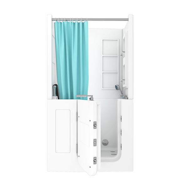 Begehbare Duschbadewanne mit Tür und integriertem Duschvorhang für barrierefreien Zugang und komfortables Duschen
