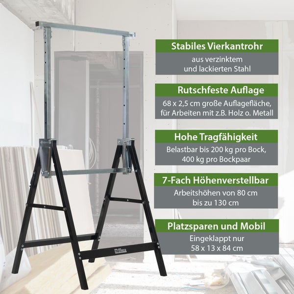 TrutzHolm Logo. Arbeitstischbock mit stabilem Vierkantrohr aus verzinktem und lackiertem Stahl, rutschfester Auflage von 68 x 2,5 cm, hohe Tragfähigkeit bis 200 kg pro Bock, 7-fach höhenverstellbar von 80 cm bis 130 cm, platzsparend und mobil, eingeklappt nur 58 x 13 x 84 cm.