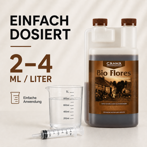 CANNA Bio Flores Blütendünger in der Dosierflasche mit Messbecher und Dosierspritze für die einfache Anwendung von 2 bis 4 Milliliter pro Liter.