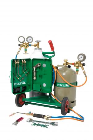 Perkeo Autogenschweißset auf Transportwagen mit Gasflaschen, Druckminderern, Schläuchen, Brenner und integriertem Werkzeugkoffer.