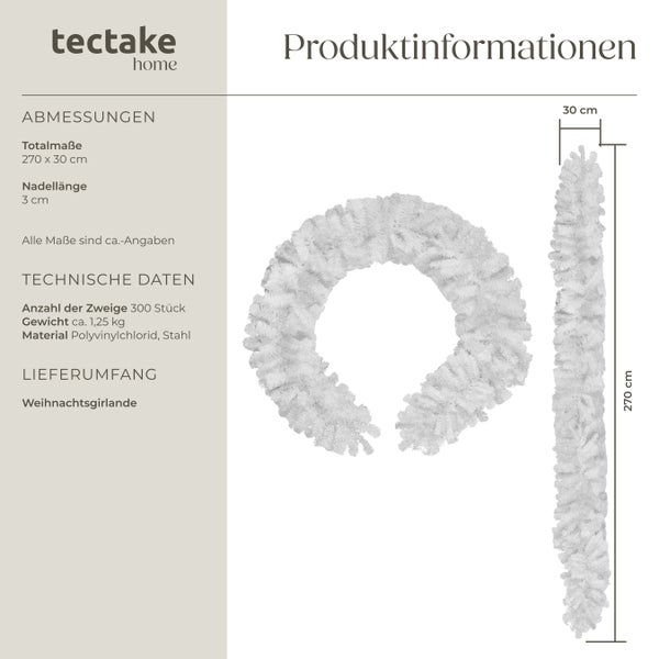Produktinformationen einer weißen Weihnachtsgirlande aus Polyvinylchlorid und Stahl mit den Maßen 270 x 30 Zentimeter.
