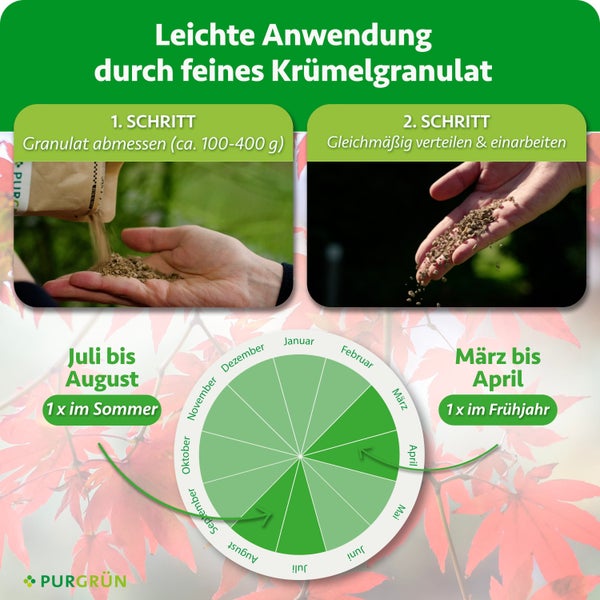 Anwendungshinweise und Ausbringungskalender für Purgrün Granulat mit zwei Anwendungsschritten und Markierung der Monate März, April, Juli und August.