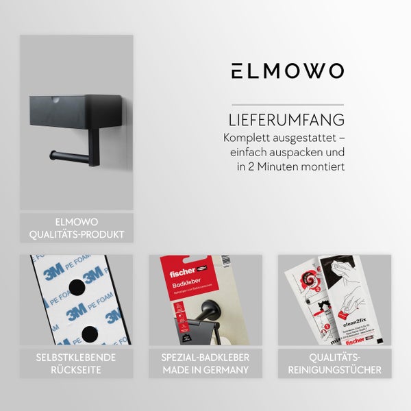 ELMOWO Toilettenpapierhalter zur Wandmontage mit Ablage inklusive Montageset mit Klebeband, Badkleber und Reinigungstüchern.