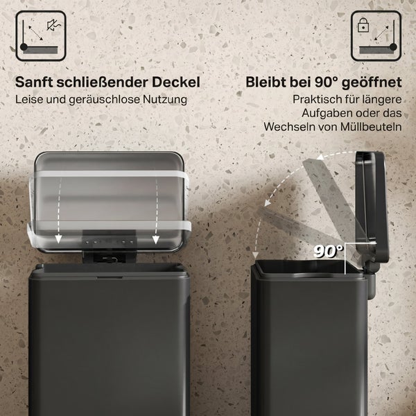 Funktionsübersicht eines Tretabfalleimers mit Absenkautomatik und neunzig Grad Arretierungsfunktion für den Deckel.