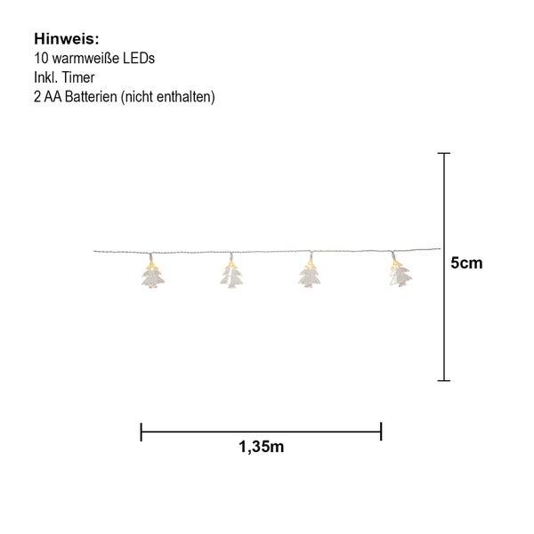 Lichterkette mit 10 warmweißen LEDs und Tannenbaum Motiven, 1,35 Meter lang, Höhe 5 cm