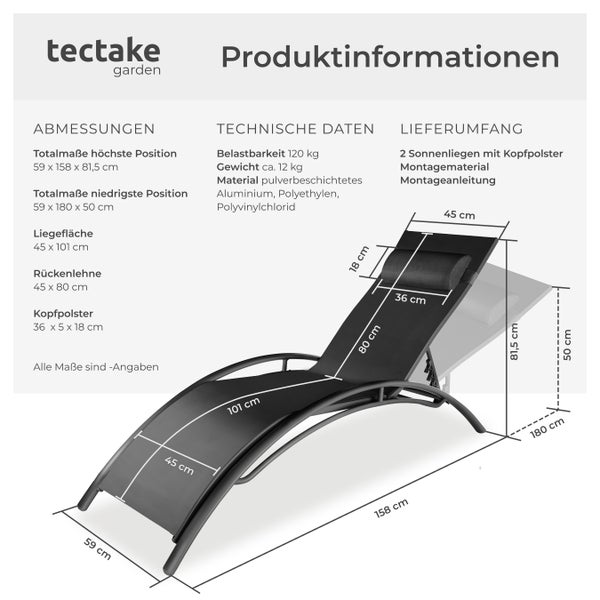 2er Set Gartenliege tectake Alina 180 x 59 x 50 cm Textilene-Gewebe schwarz