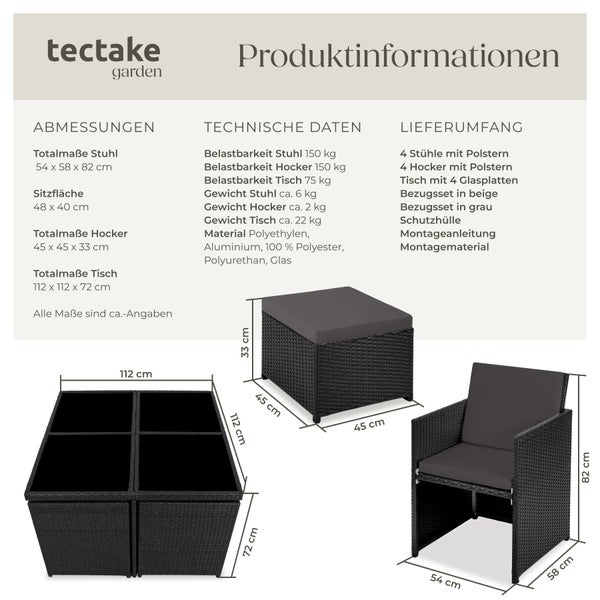 Rattan Sitzgruppe tectake Manhattan 2 Bezugssets, zusammenschiebbar, inklusive Schutzhülle mit Aluminiumgestell schwarz