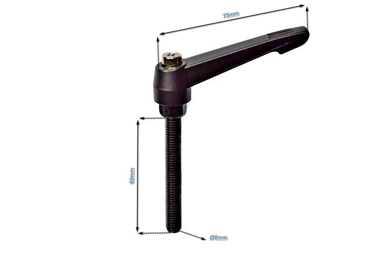 Klemmhebel mit 75 Millimeter Hebelarm und 60 Millimeter Gewindebolzen mit 8 Millimeter Durchmesser